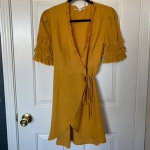 Yellow Ruffle Sleeve Mini Wrap Dress!